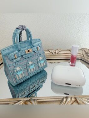 Mini Baby Blue House Bag Charm Velvet Texture Patent Croc Flap Cute Purse